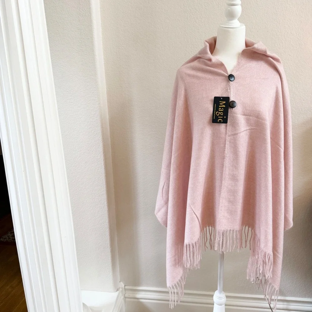 Magic Scarf Company Pink Button Front Fringe Poncho Wrap‎ Cape One Size NWT